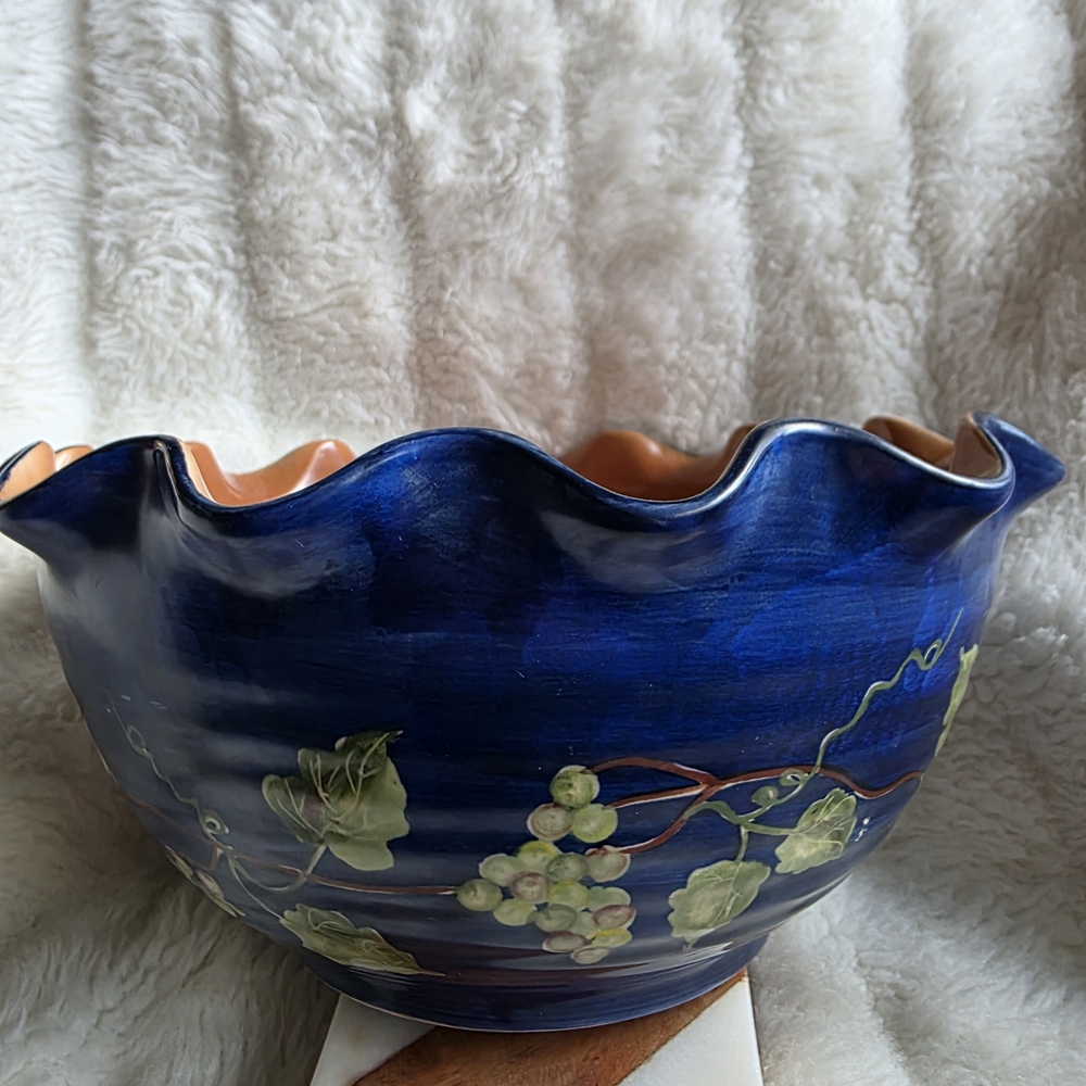 Vintage Artisan Deep Blue Ceramic Bowl with Leaf Motif